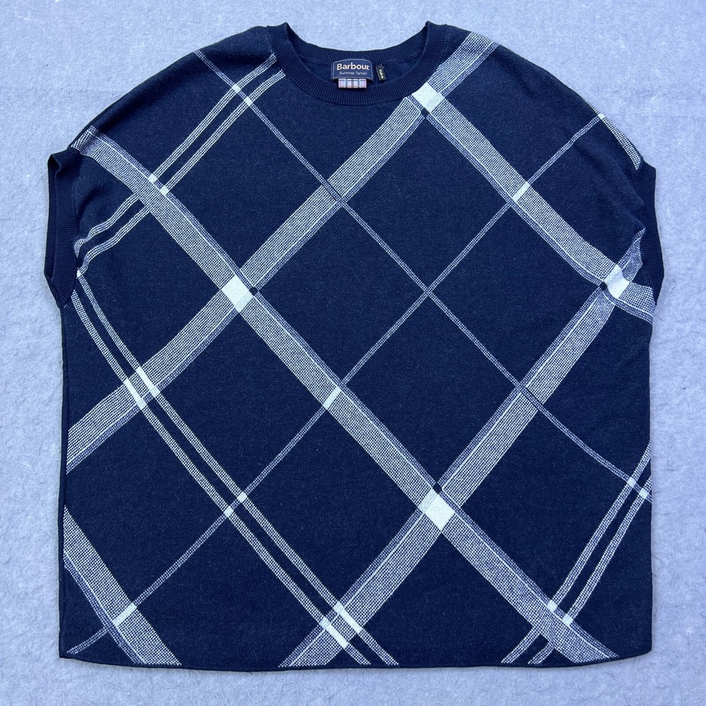 Barbour Sweater Women 14 Blue Summer Tartan Falkland Knitted Top Wool Cap Sleeve